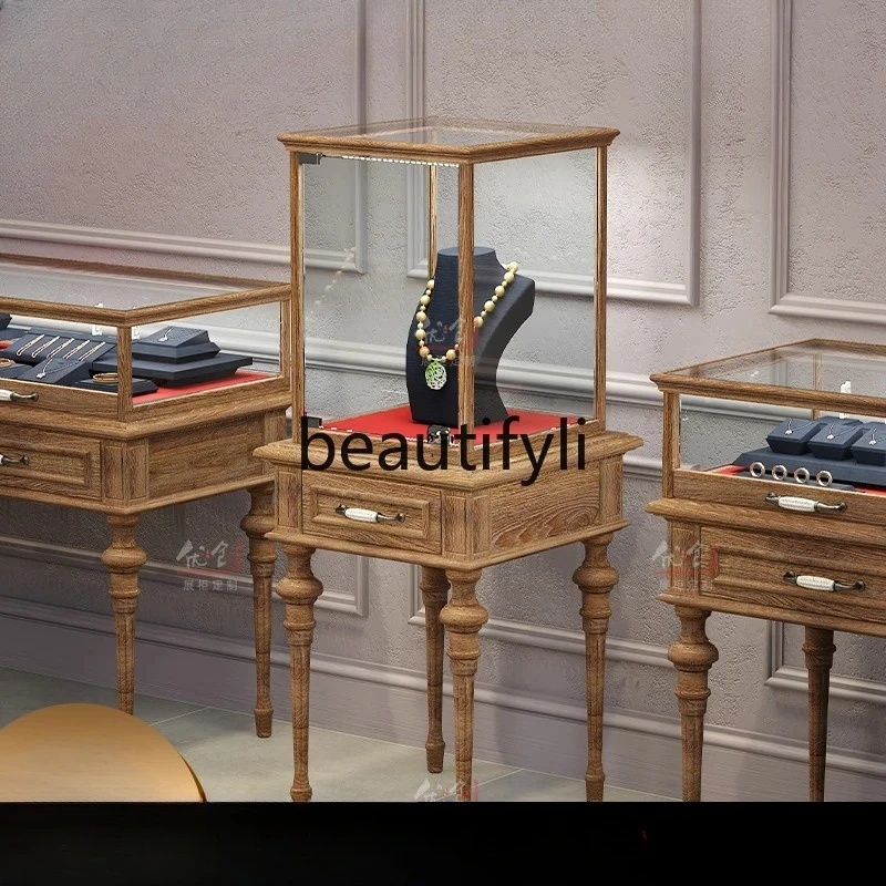 خمر الخشب الصلب الرجعية خزانة عرض المجوهرات اليشم الزجاج خزانة عرض المنتج #4