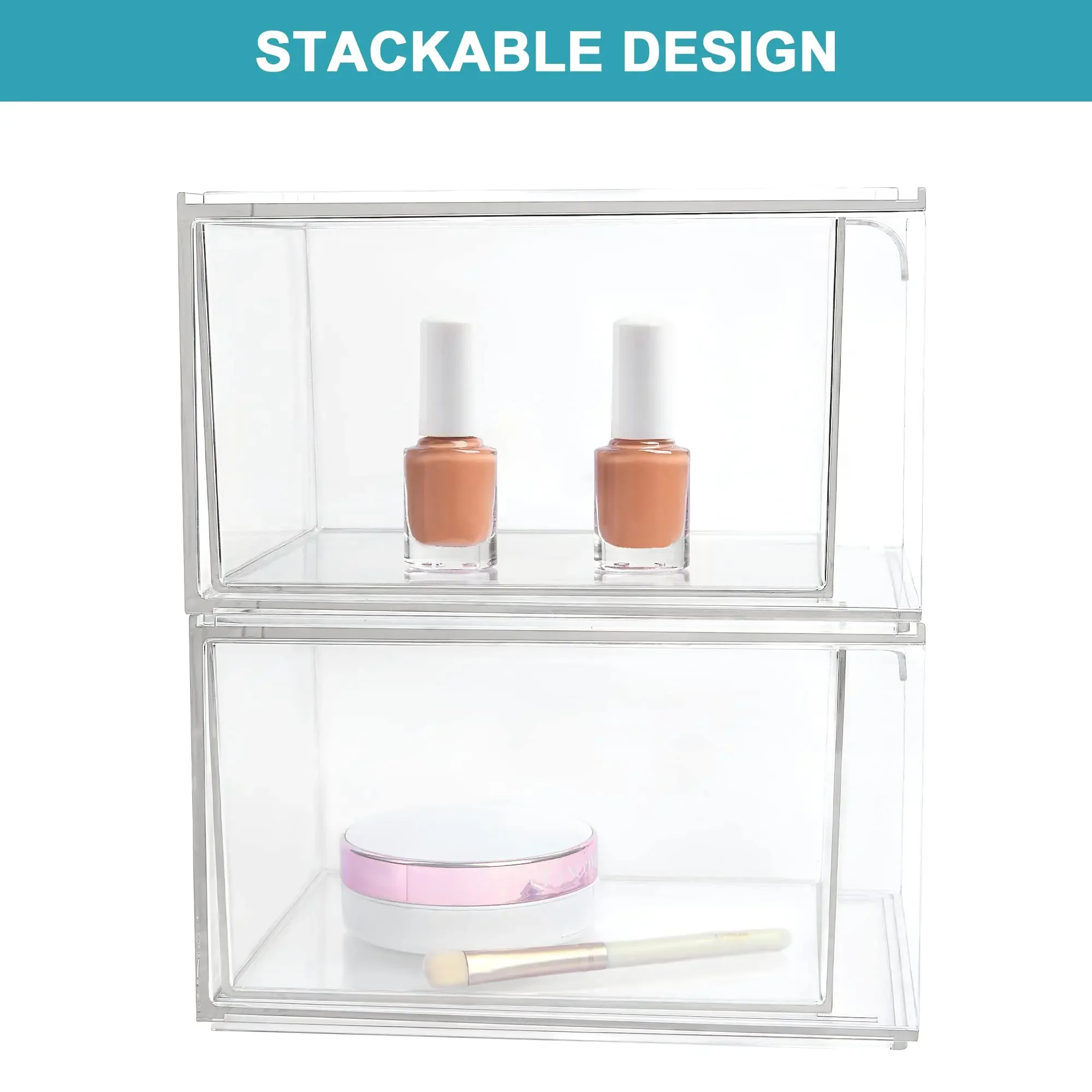 2 Piece Set Clear Organizer, Stackable Storage Box with Drawers for Organizing Cabinets, Desks, Shelves, Cupboards or Dressers