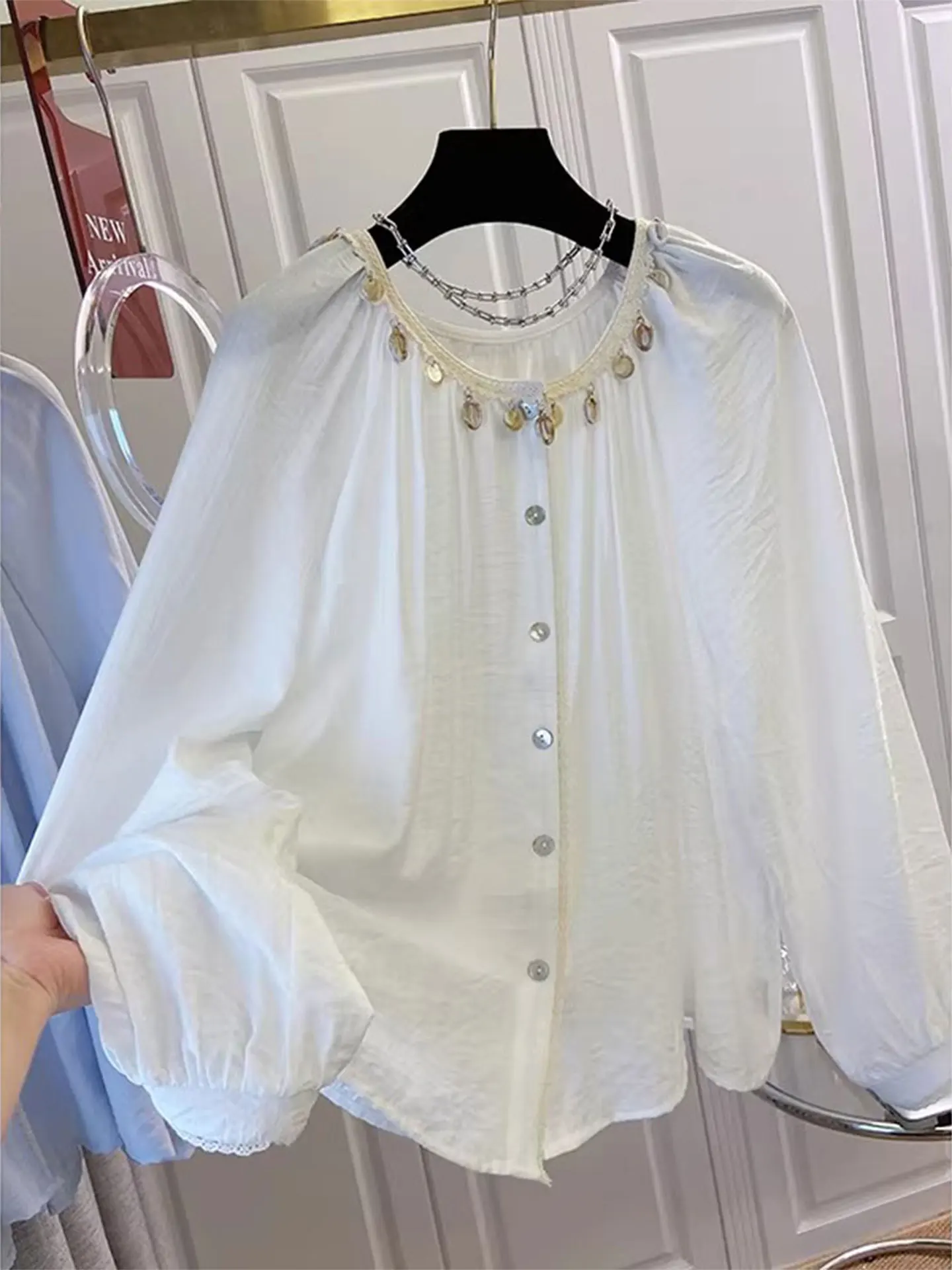 

Unique Beautiful Agel Glitter White irt Loose Long Sve round Ne Top for Young Women Casual Sle Spring 2026
