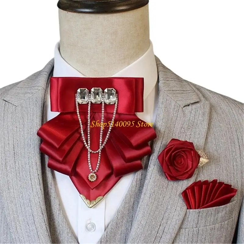DXAE Dresswear Accent Set with Collar Tie, Matching Lapel Flower and Pocket Square for Wedding Stage and Host Styling