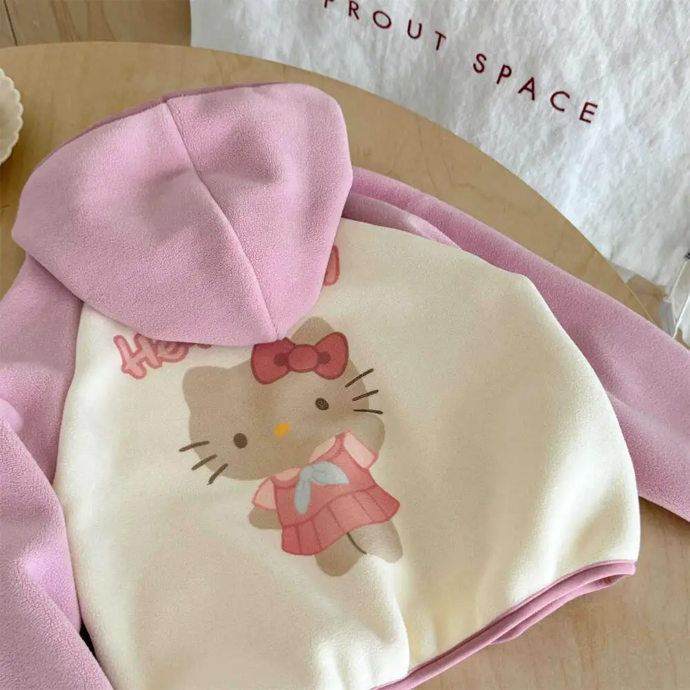 

Sanrio Hello Kitty Children's Autumn Winter New Style Polar Fleece Hooded Jacket Cute Print Baby Kindergarten Stylish Top Trend