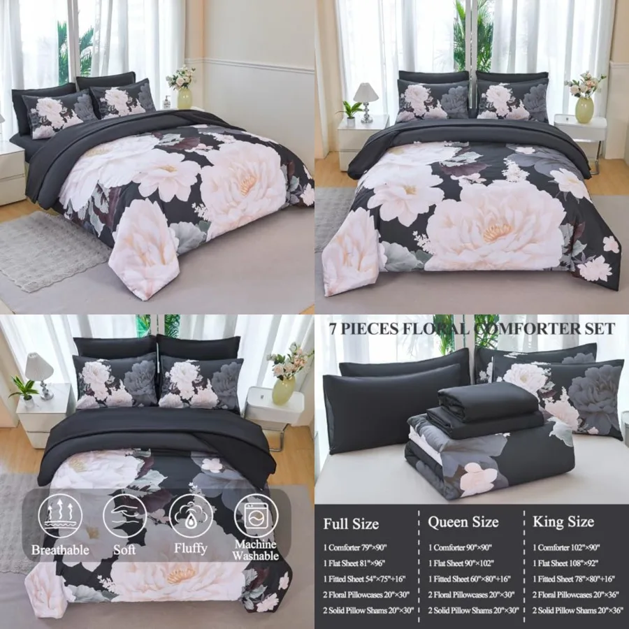 

Floral Comforter Set Full Size 7 Pieces Flower Bedding Set with Sheets Peony Bed Set Colorful Elegant Floral Bed in A Bag Set f