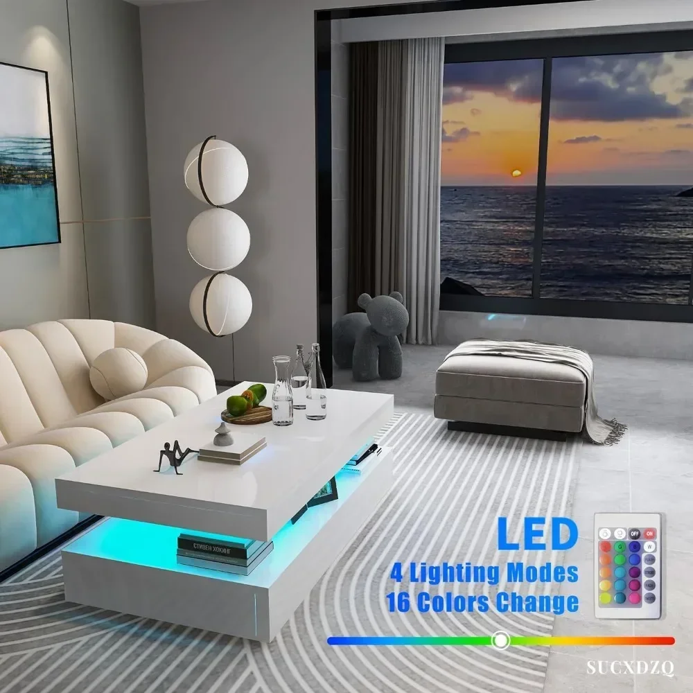 LED Coffee Table, Modern High Gloss Coffee Table with Remote Control Adjustable Speed Brightness Transfer Mode, RGB Colors