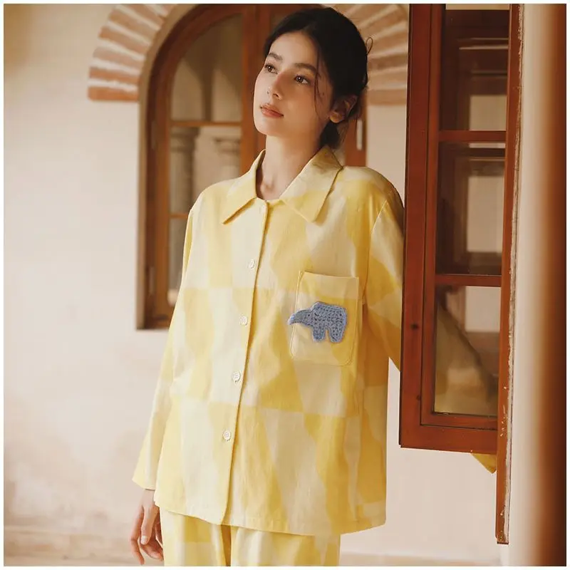 Women Two Pieces Spring Pajamas Suits Cartoon Long Sleeve Cotton Pijama Turn Down Collar Tops With Pants Pajamas