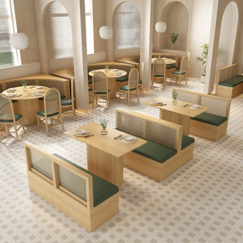 Card seat sofa theme restaurant tea house against the wall semi-round card seat catering shop solid wood rattan
