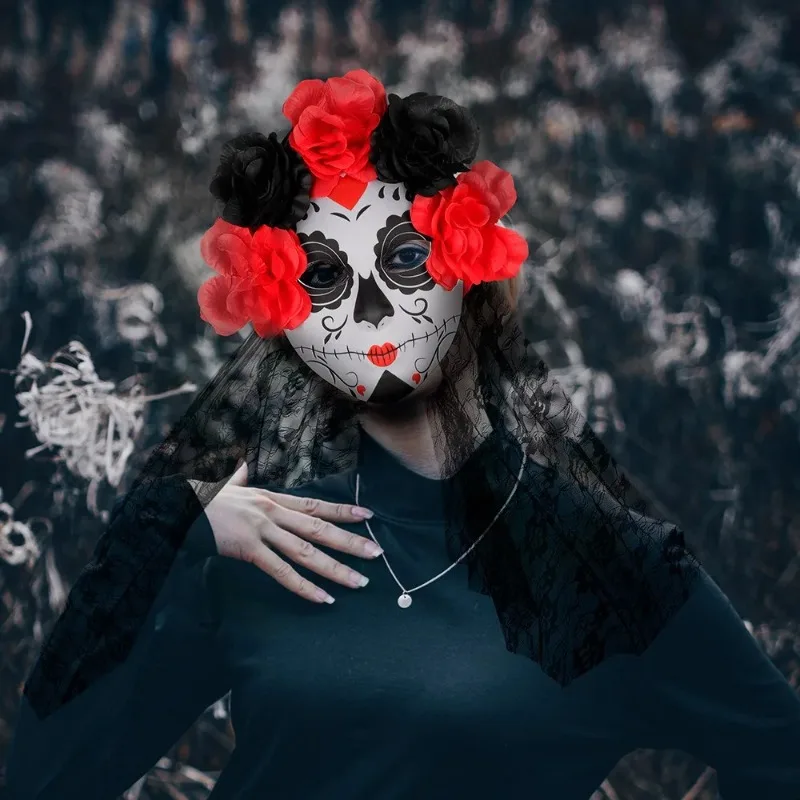 Ghost Bride Role Mask Halloween Terror Clothing Match Red Lips Flower Mask Party Play The Role Clothing Headwear Face Shield