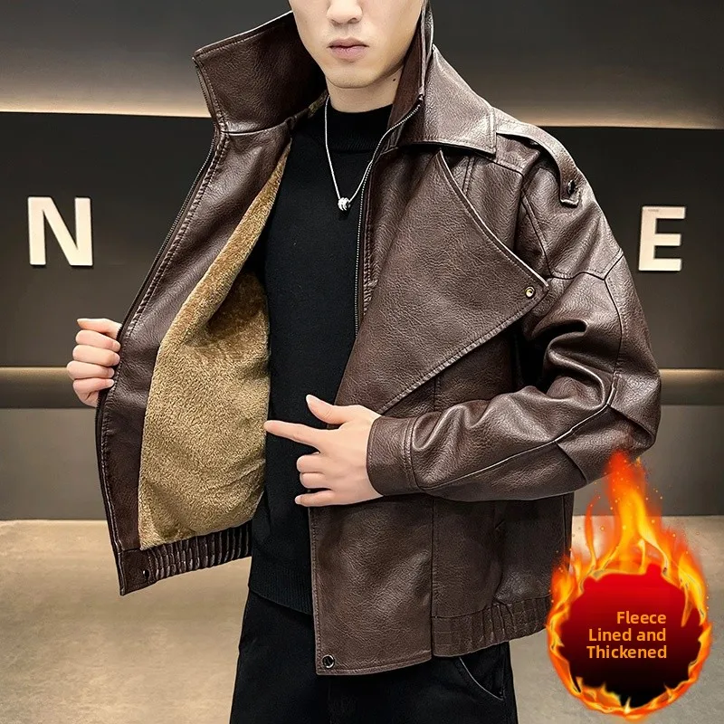 

Men's Winter Faion Leather Jaet Warmth Flip Collar Biker Sle Thiened Cotton Clothes Casual Sle Long Sve Zipper