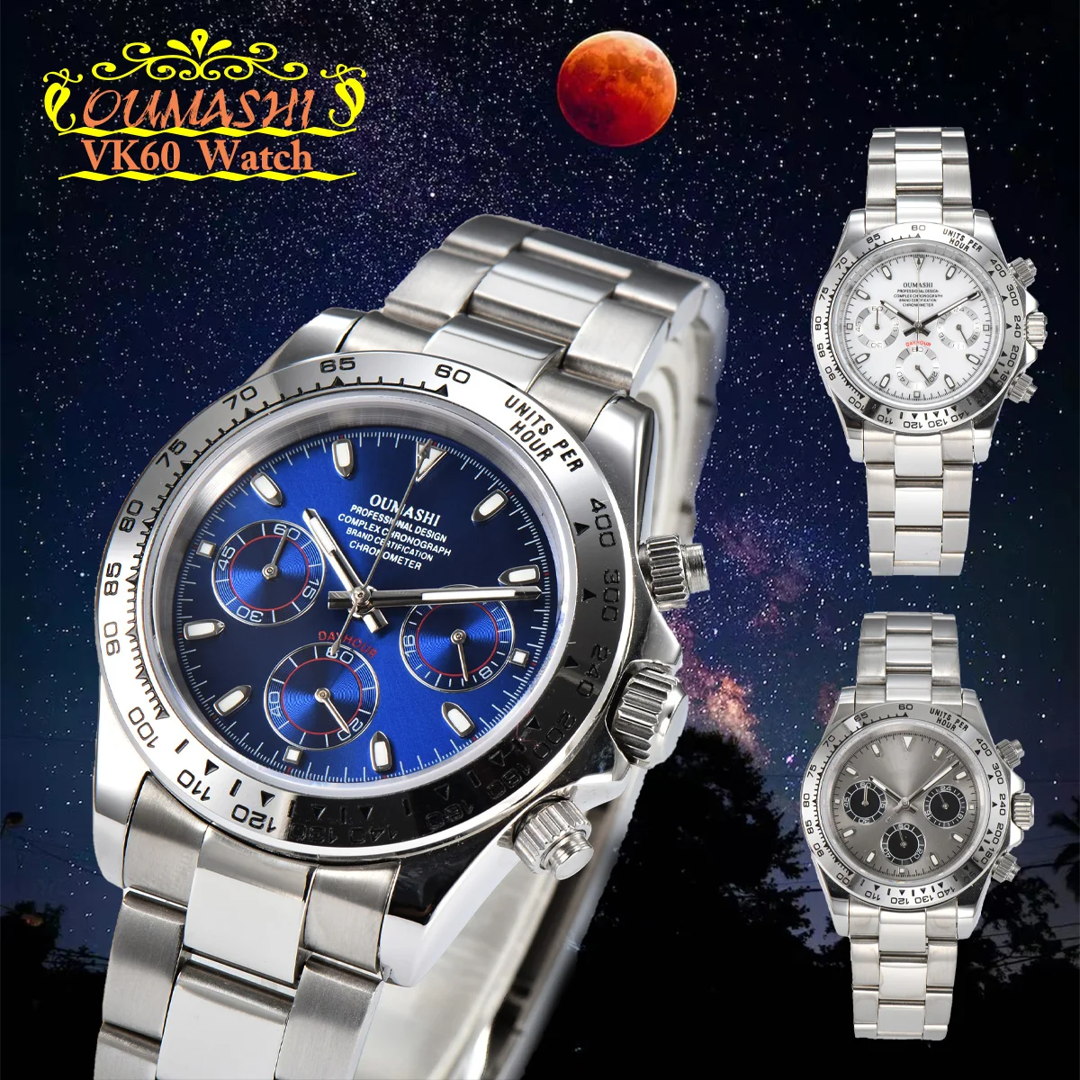 VK63 Watch 39MM Men's Watch Three Eye Dial Sapphire Glass Stainless Steel Waterproof Case Quartz Watch Timetable Watch