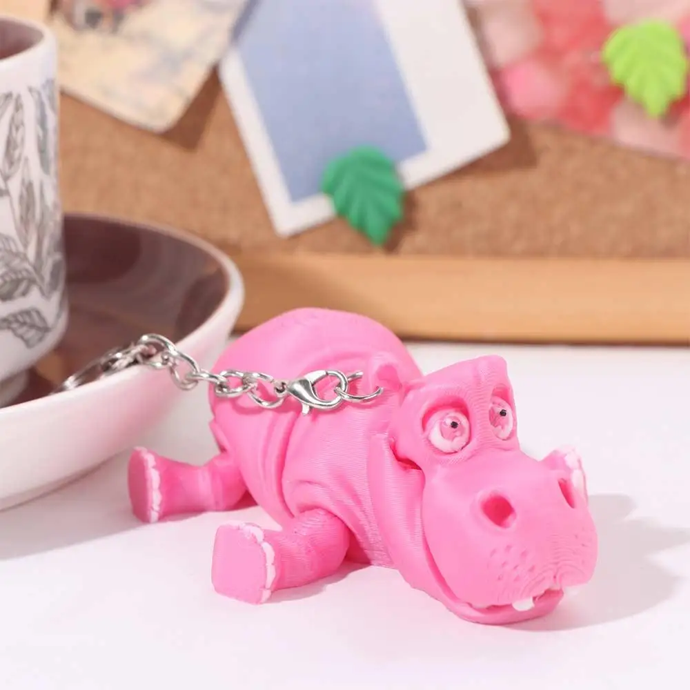 LLavero de hipopótamo rosa PLA, figura de animales impresa en 3D multiarticulación móvil, modelo artesanal de animales