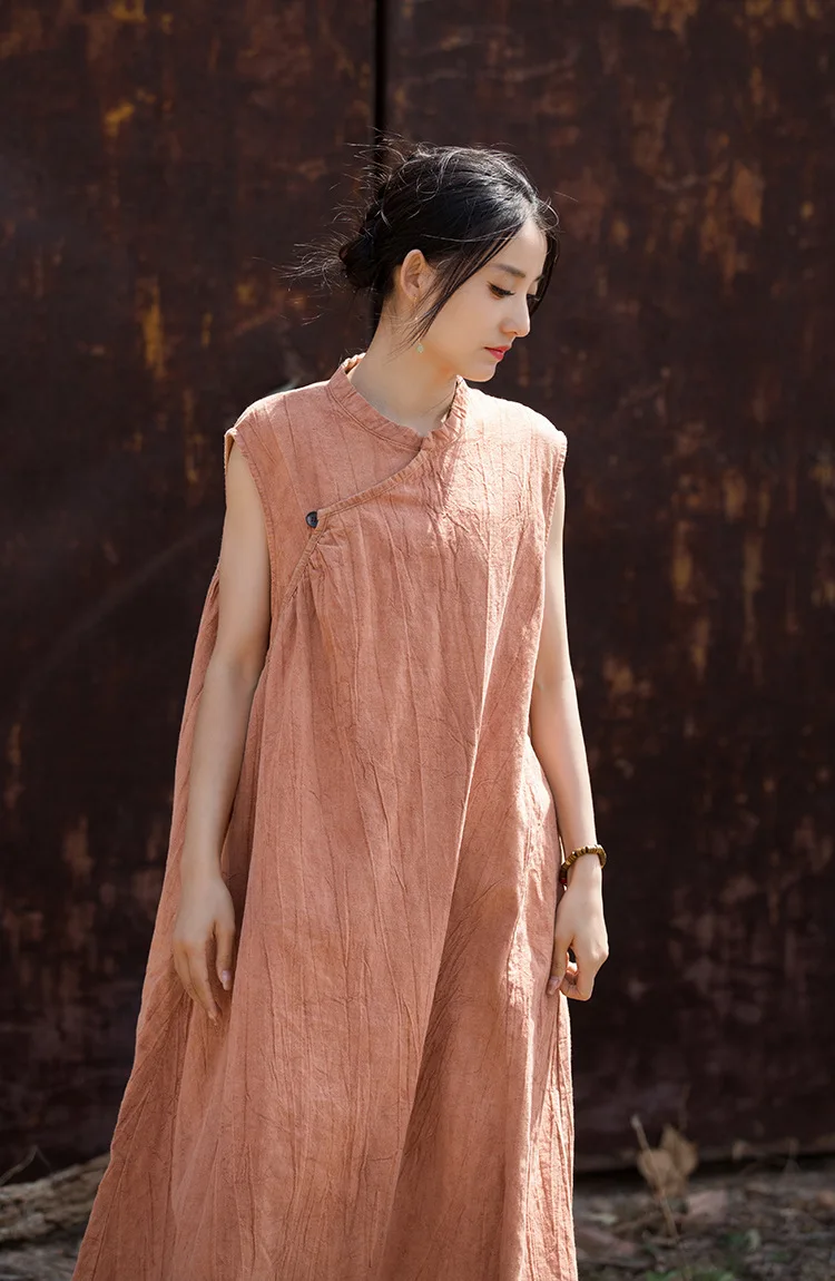 Tie Dye Asymmetrical Sleeveless Midi Dress Women Loose Summer Linen Cotton Dresses