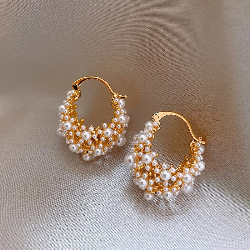 French new design fashion jewelry 14K gold plated U-shaped flower basket Pearl earrings elegant women\'s daily work accessories