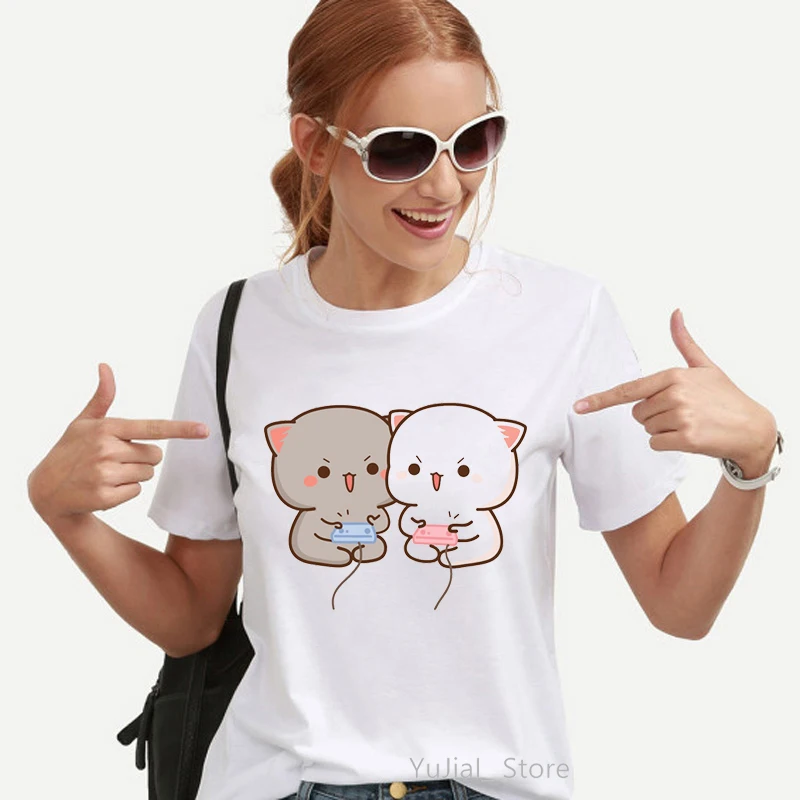 

Kawaii Women'S Clothing Peach And Goma Mochi Cat Cartoon Print Tshirt Femme Korean Style Clothes Harajuku T Shirt Tops