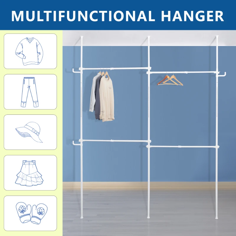 Double Clothing Rack, Adjustable Racks for Hanging Clothes, 2 Tier Clothes Heavy Duty Garment White Closet Freestanding System-W