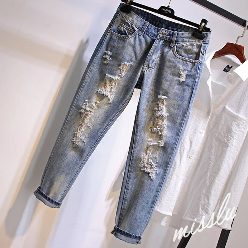 

Distressed Jeans For Women High Waist 2024 Korean Version Loose Versatile Trendy Harlan Pants Classic Blue Ankle-Length Pants