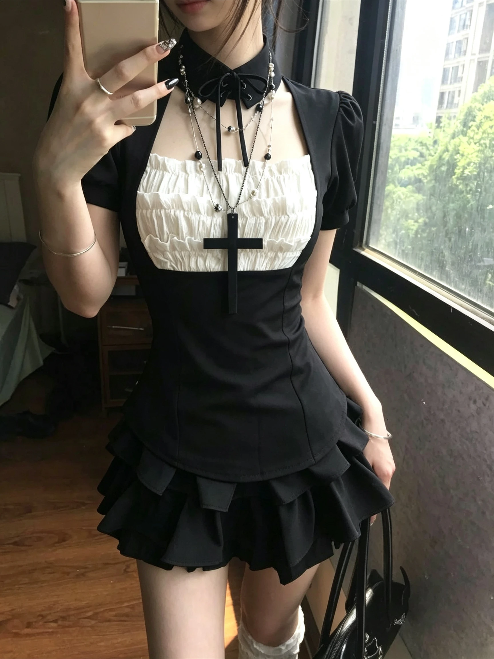 Y2K Vintage Lolita Dress Black White Color Block Stand Collar Lace Up Puff Sleeve Elegant Women Tiered Ruffle Hem Party Dress