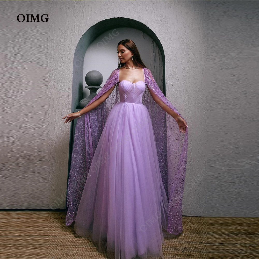 OIMG Newest Purple Shiny Tulle Long Saudi Arabic Evening Dresses Sequins Cape Custom Party Occasion Elegant Dress Prom Gows