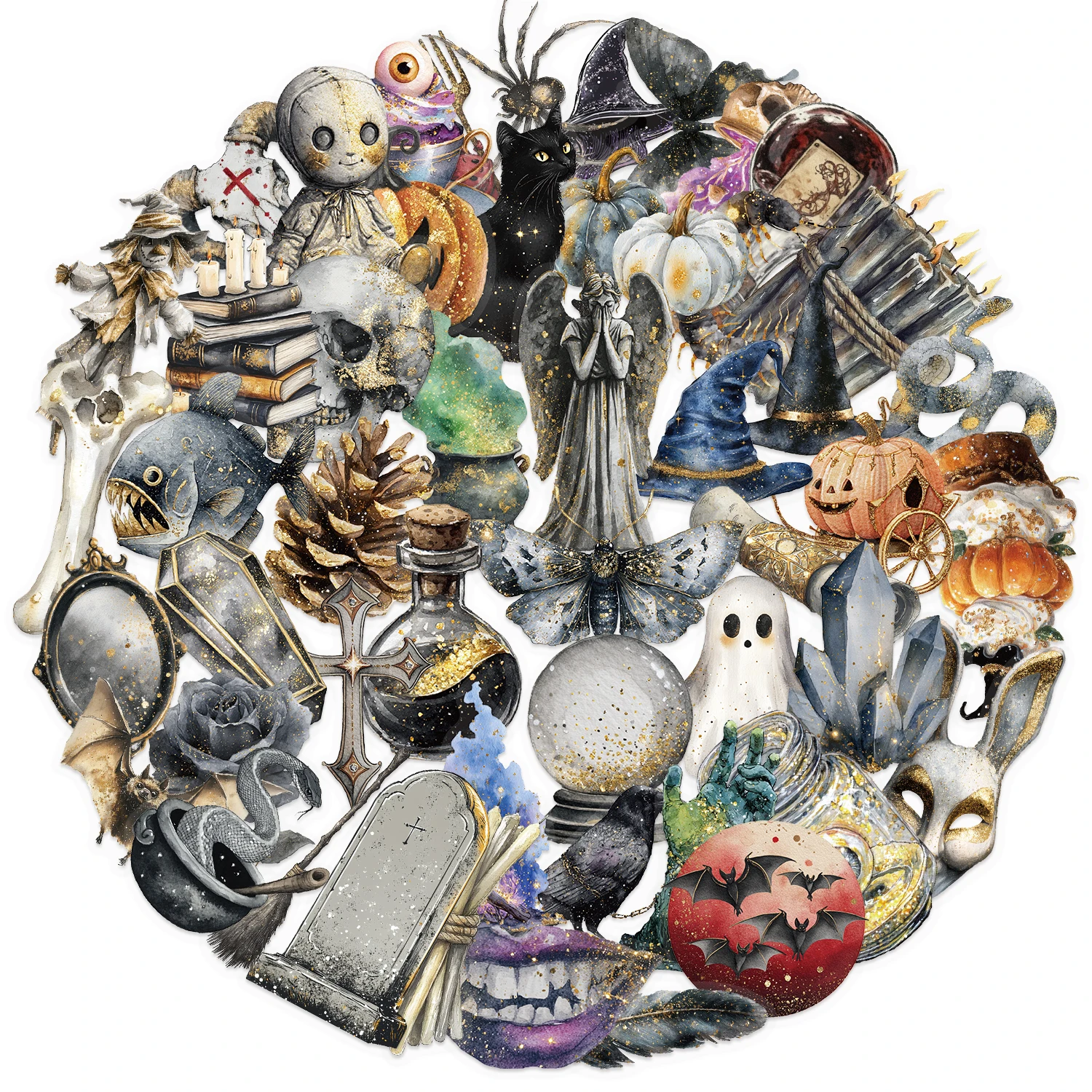 50pcs Vintage Watercolor Halloween Pumpkin Cute Ghost Transparent Graffiti Decal Stickers Waterproof Stickers for Laptop