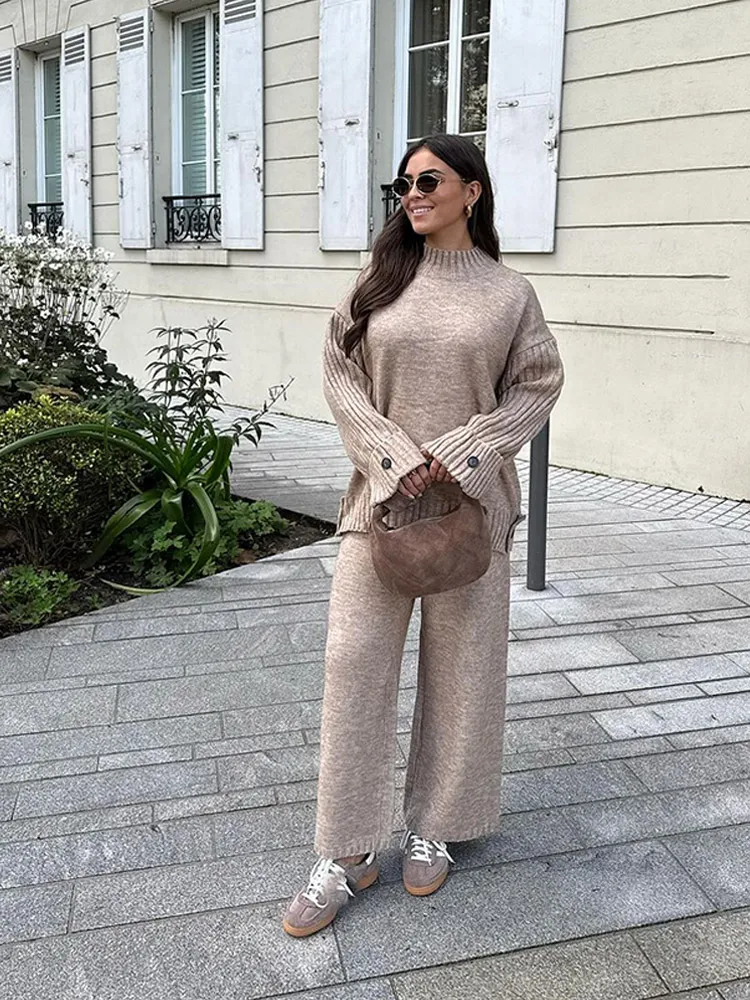 Solid Color Full Sleeved Knit Women\'s Sweater Set Casual Loose O-neck Top Long Wide Leg Pants Suits Autumn Warm Daily Streetwear