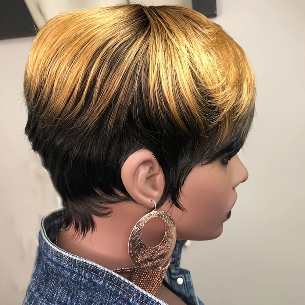 ピクシーカットストレート人毛ウィッグ レディース 1B/27カラー フルマシンメイド ショートレイヤードストレートウィッグ 前髪付き 6インチ