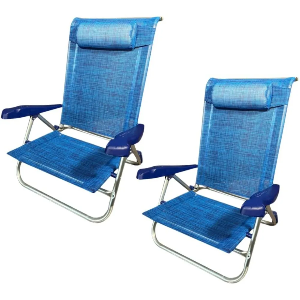 2 Spiagge pieghevoli con braccioli, dimensioni 55 x 46 x 80 cm, struttura in alluminio, reclinabile in 7 posizioni, cuscino poggiatesta, sedia f