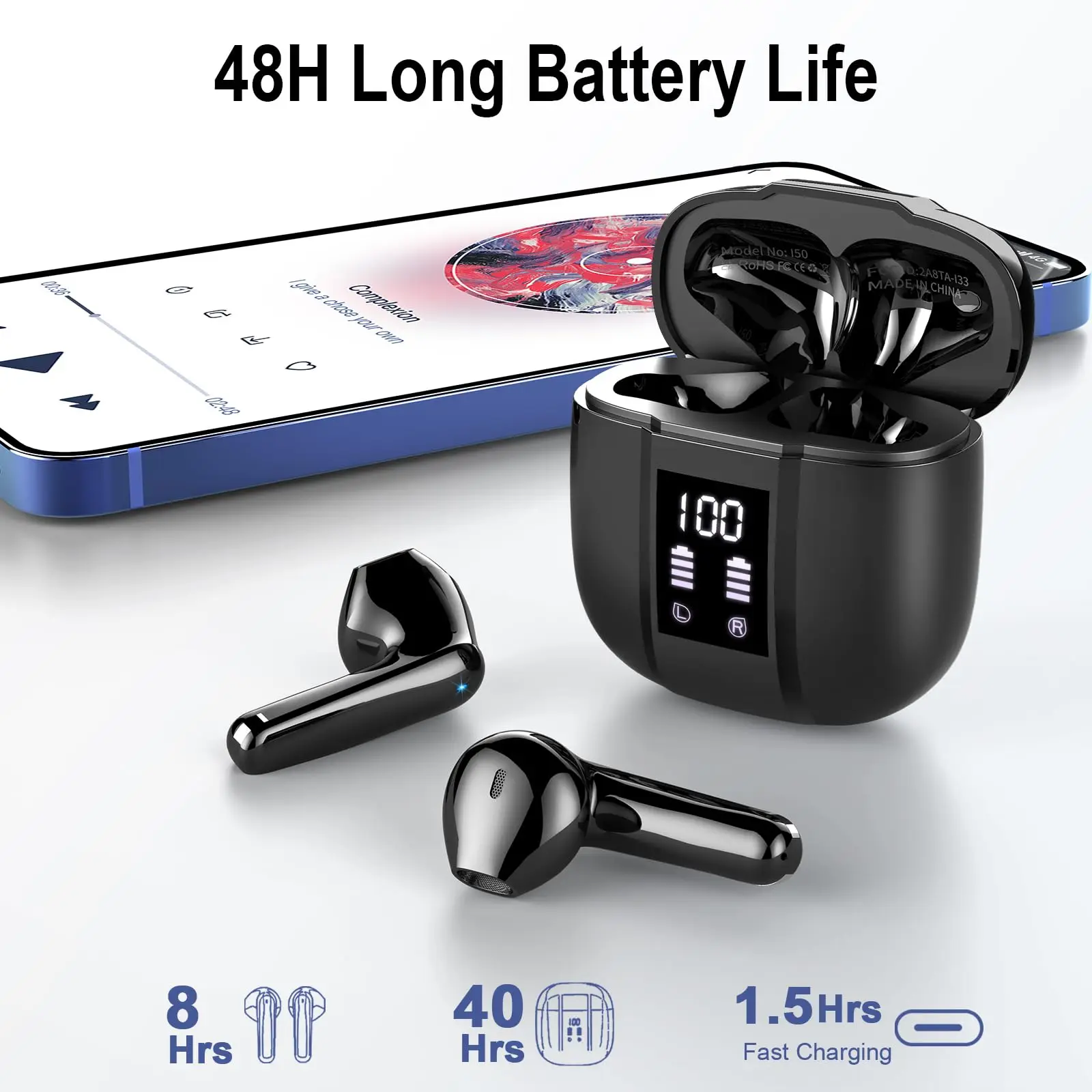 Wireless Earbuds, Bluetooth 5.3 Headphones In Ear with 4 ENC Mics, 48H Playtime LED Display Wireless Earphones.