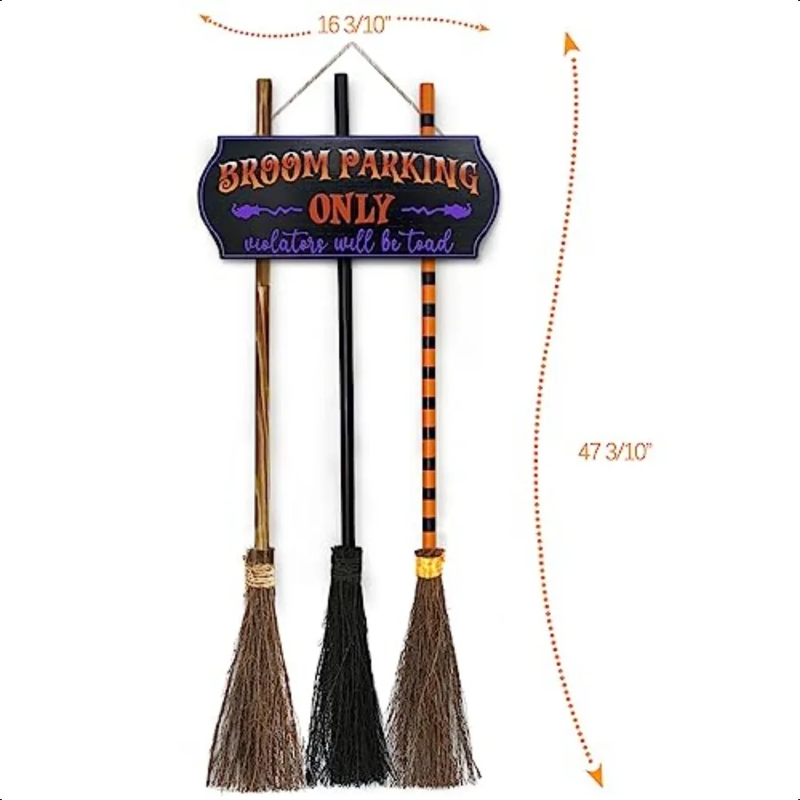 Halloween Decorations Halloween Decor Broom Parking Sign with 3 Wooden Witches Brooms Cute Hocus Pocus Front Porch Wall Decor f