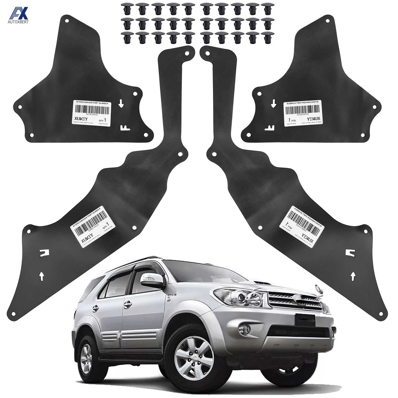 4x Splash Shields with Clips for Toyota Hilux Fortuner 2004-2015 Fender Liners Apron Skirts Guards Seals 53885-0K020 53735-0k020