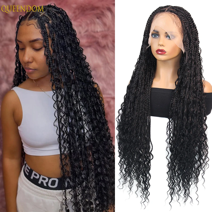 

13X6 Синтетические плетеные парики спереди Locs Goddess Boho Box Плетеные парики Богемная коробка без узлов Косички с вьющимися волосами