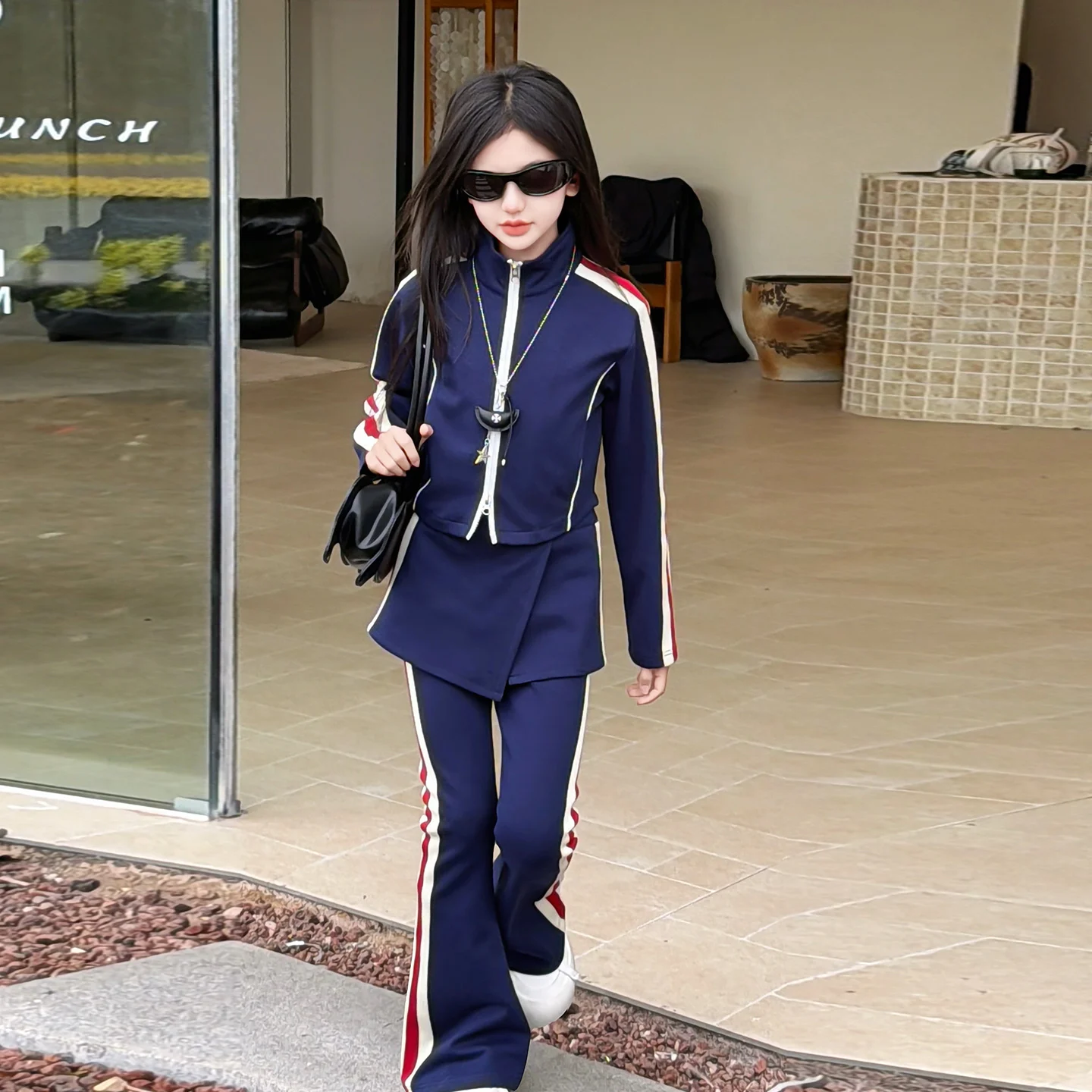 2026 Child Girls Fashion 2 Pieces Sets leisure Girl Clother Slim Zipper Short Top flared trousers Children's striped pants Sets