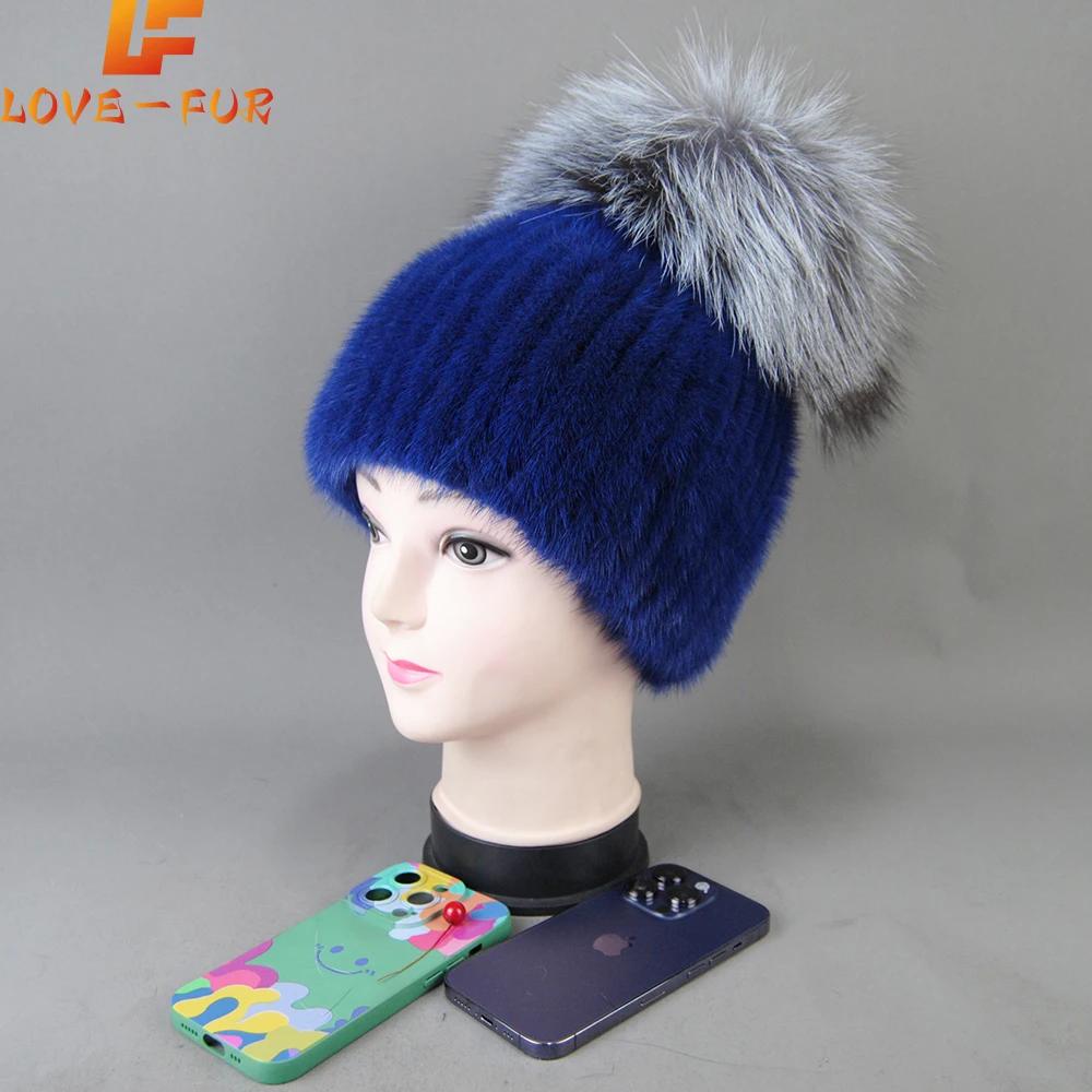 

Real Mink Fur Hat For Women New Brand Thicken Female Fur Caps Ladies Winter Knitted Mink Fur Beanies With Fox Fur Pompoms Hat