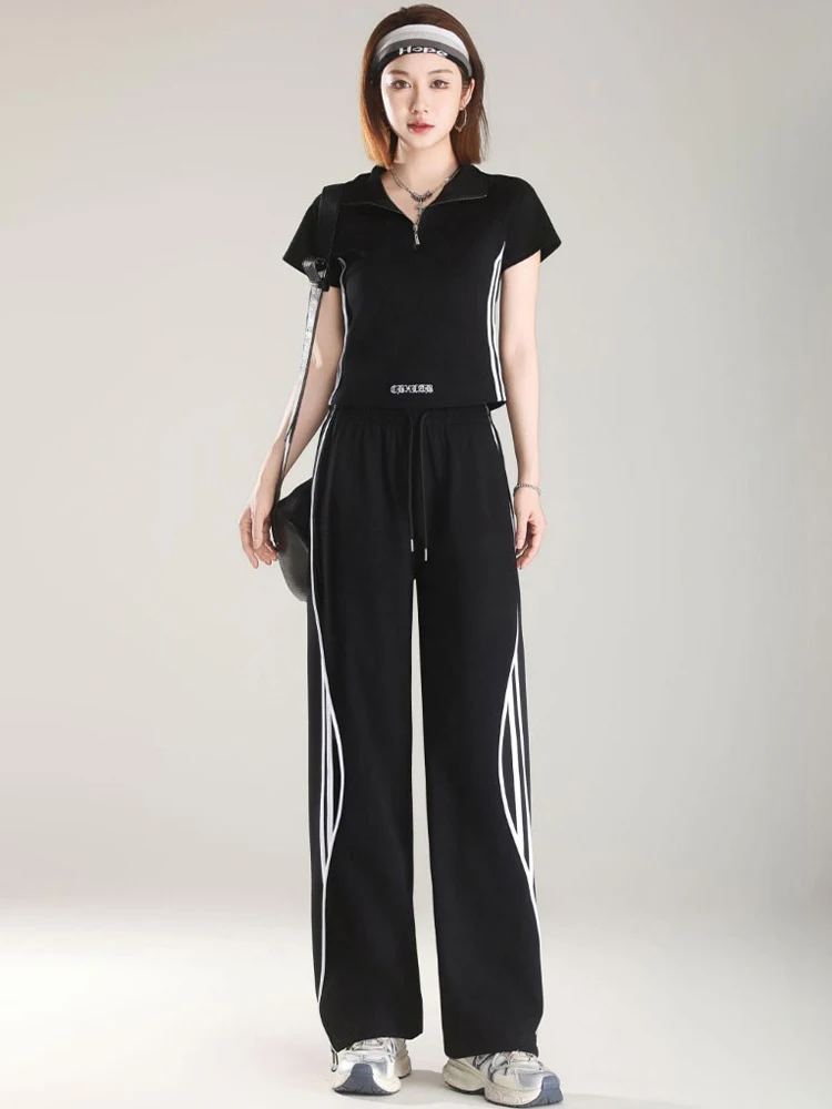 

Модный спортивный женский комплект из двух предметов: летний повседневный костюм с коротким рукавом и широкими брюками из дышащего полиэфирного волокна