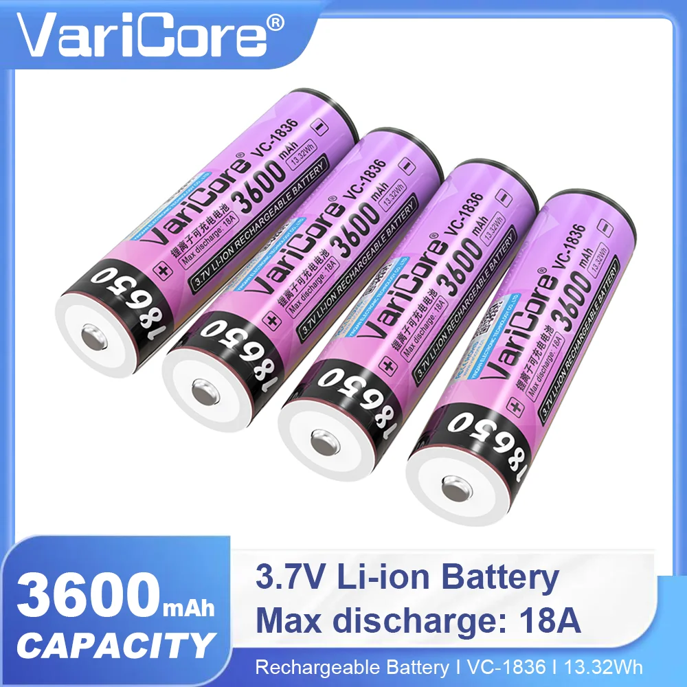 VariCore VC-1836 3.7V 18650 Batería recargable de iones de litio 3600mAh Alta capacidad 18A Descarga con protección PCB