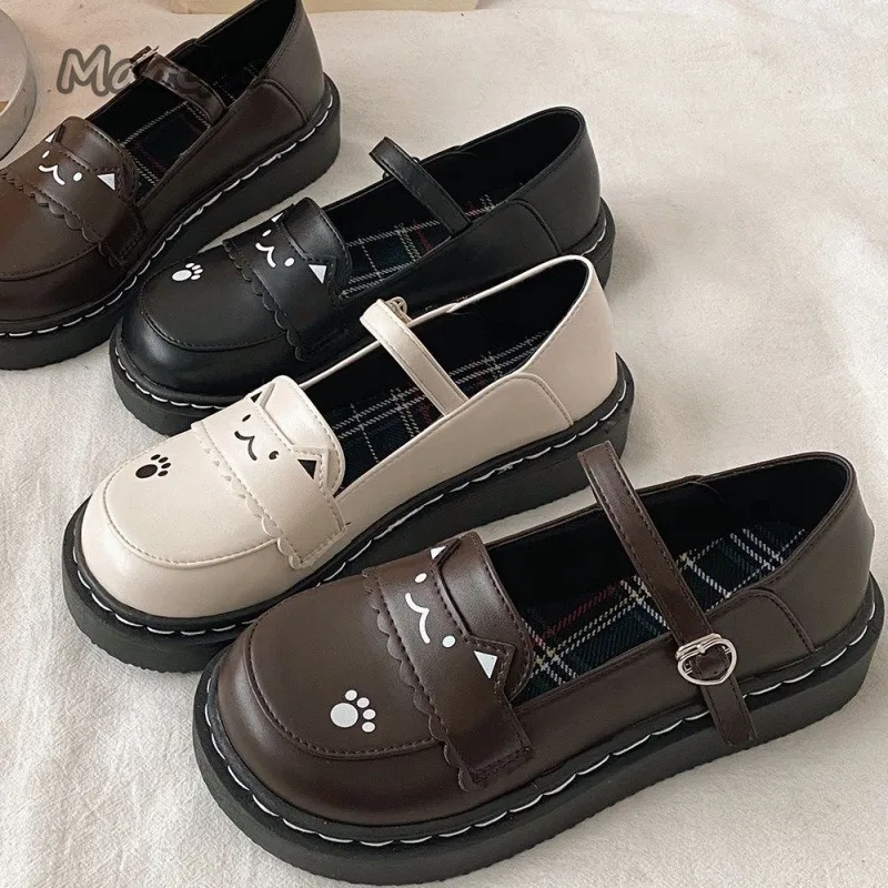 

Women's British Style Thick Bottom Pumps Buckle Single Shoes Lolita Kawaii Cat Flat Mary Janes Shoes Preppy Style Student Pumps