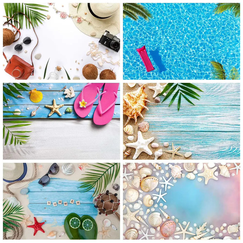 

MOON.QG Summer Wooden Board Background Photography Sea Beach Shell Backdrop Party Decoration Product Shooting Props Wallpaper