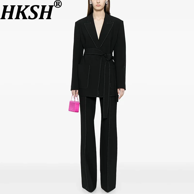 HKSH Spring Autumn New Women Two Pieces Suit Set Elegant Fashion Color Block Line Decorative Belted Blazer Wide Leg Pants HK3231