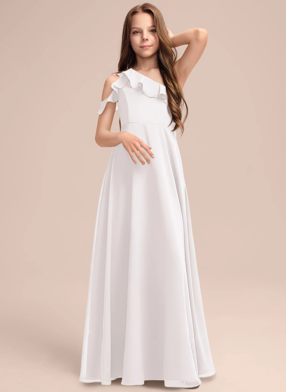 

YZYmanualroom Chiffon Junior Customize Bridesmaid Dress With Cascading Ruffles A-line One Shoulder Floor-Length 2-15T