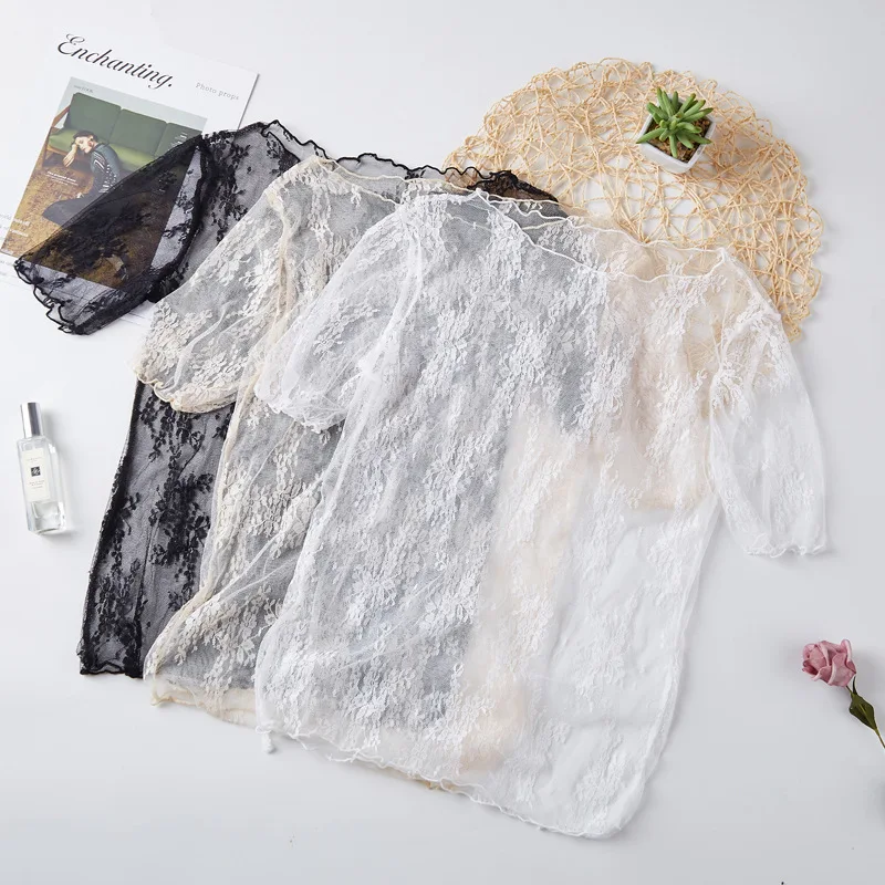 

Lace Base Shirt for Women Short Regular Sleeve Summer Chiffon Inner Layer Hollow Out Fairy Like Fashionable Sexy Mesh Top