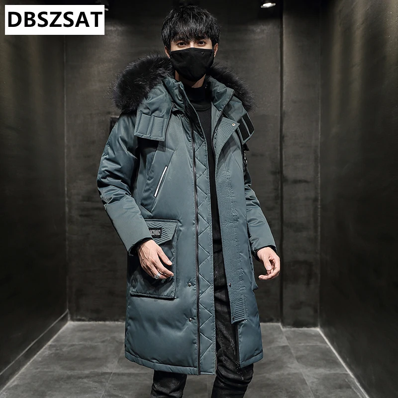 XKK 2025 Fashion Winter Coats Men Fur Collar Thicken Long Down Jacket Men Hooded Warm Loose Parkas White Duck Down Winter Coat