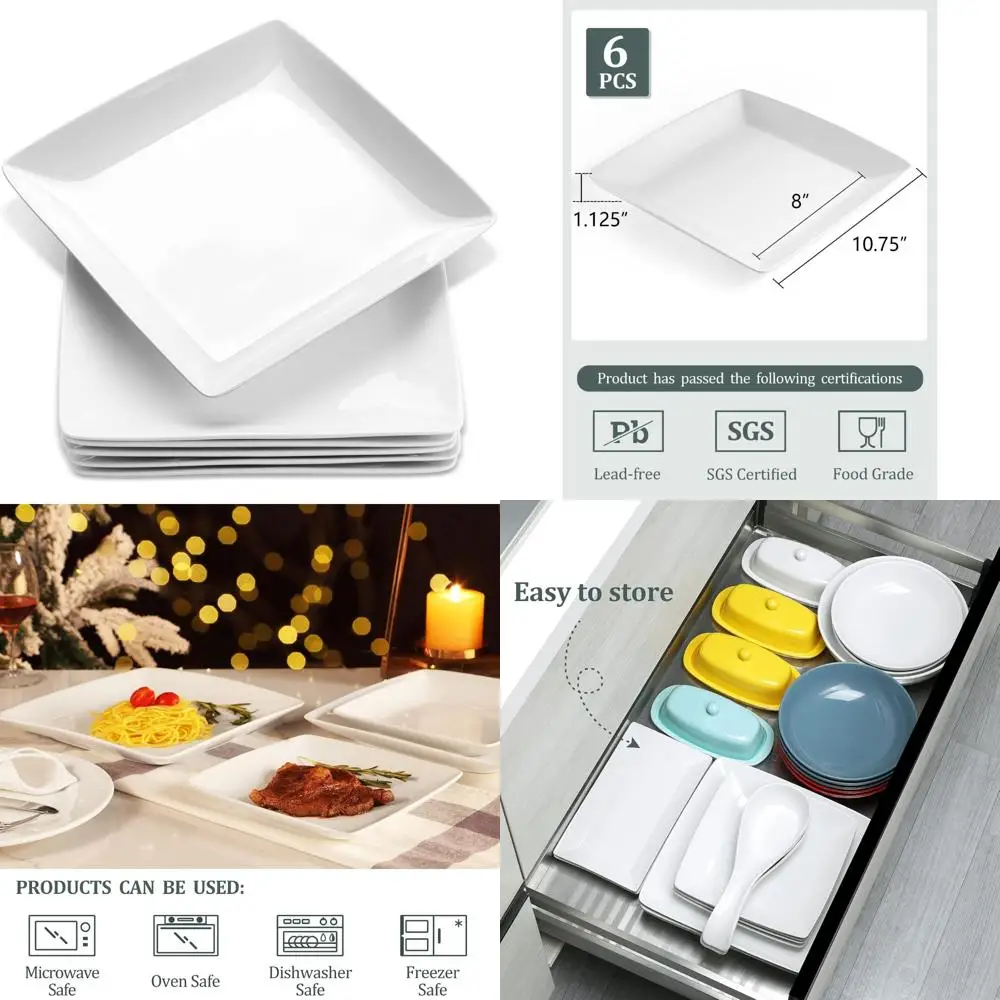 

porcelain square dinner plates, 10.75 inch square serving plate for steak, pasta, salad, snacks, pizza, appetizer plates, set o