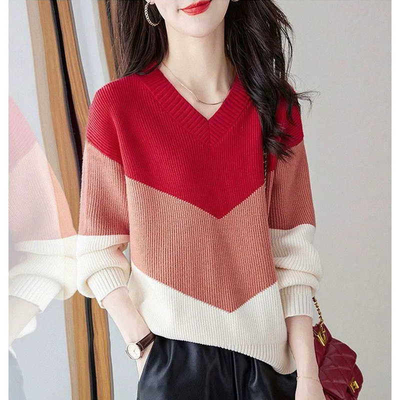 New Autumn and Winter Fashion Trend Color Matching V-neck Loose and Versatile Foreign Style Slimming Women's Knitted Sweater