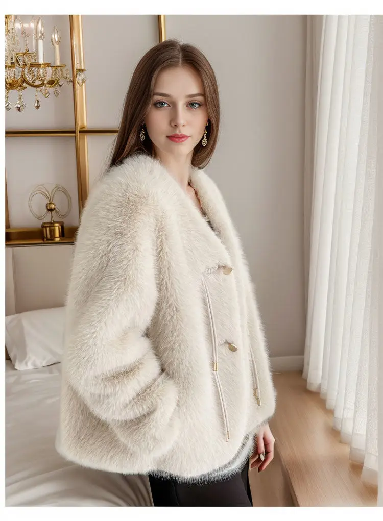 Autumn and winter new faux fur fox fur jacket with Chinese style design, solid color medium length women's fashionable top