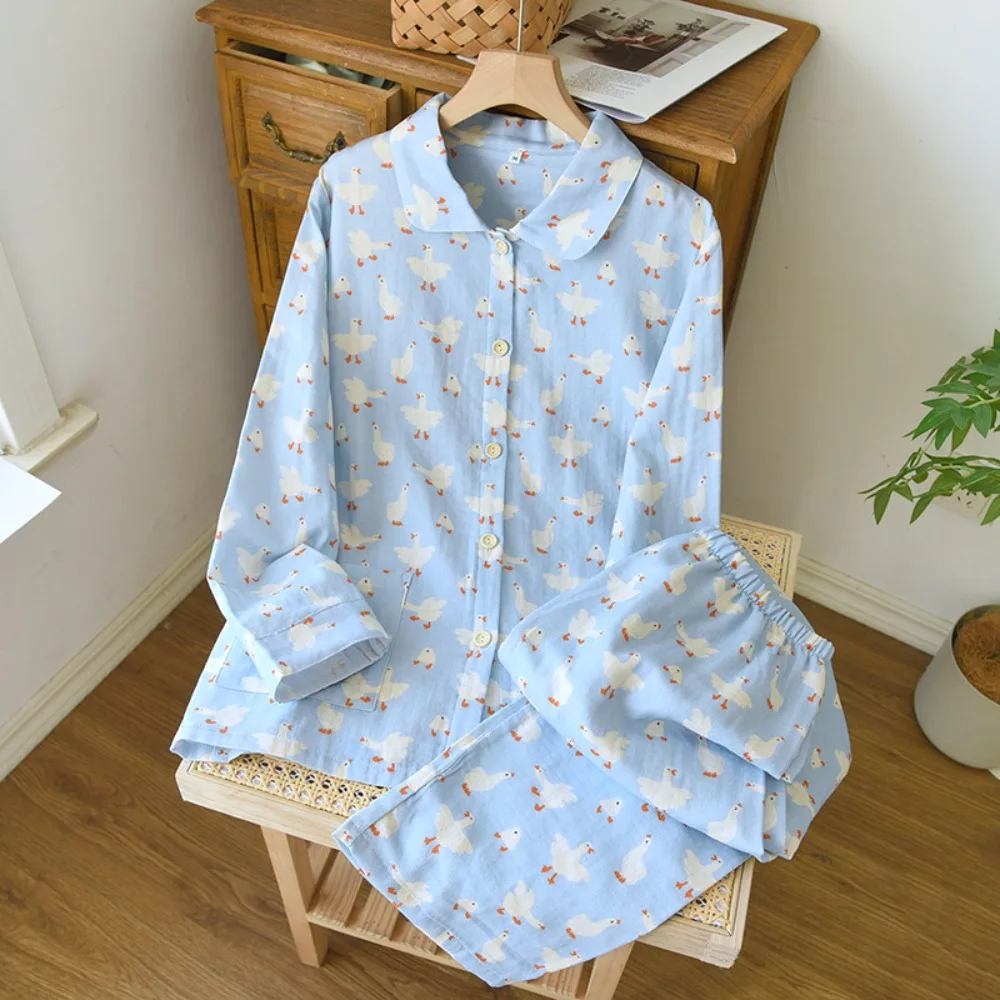 

Sweet Duck Print Cotton Pajama Set Women's Long Sleeve Spring/Fall Gauze Loungewear Lightweight Cardigan Outfit 2PC