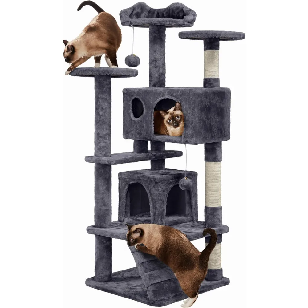 Árbol rascador para gatos con plataforma, torre escaladora para gatos medianos de 1 a 3 con bolas, 49 x 49 x 138,5 cm, gris oscuro