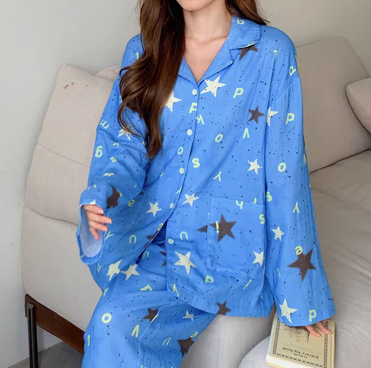 Korean Style Star Pajamas Set Youth Women Spring Y2k Clothes Hip Hop Harajuku 2000s Blue Pijamas Home Pjs Sleepwear For Sleeping