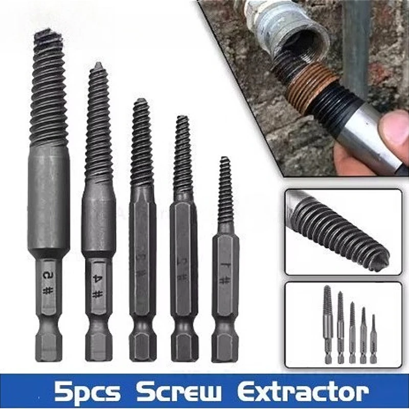 

5PCS Screw Extractor Center Drill Bits Guide Set Broken Damaged Bolt Remover Hex Shank And Spanner For Broken Hand Drill Tool