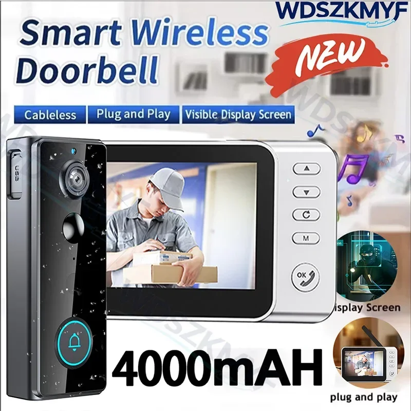 Waterproof Wireless Doorbell Camera 4.3 Inch IPS screen 4000mAh PIR motion sensor Two-way intercom 1080P Video Doorbell Camera