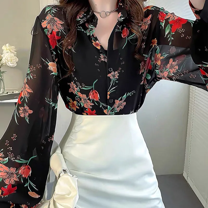 Spring Summer Fashion Chinese Style Print Shirts Women Casual Loose Long Sleeve Chiffon Blouses Chic Polo-neck Elegant Thin Tops