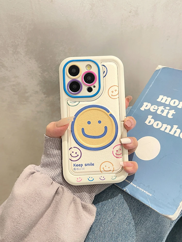 Cartoon Smile Leather Magnetic Wireless Charge Invisible Bracket Case For iPhone 11 12 13 14 15 Pro Max Plus For Magsafe Cover