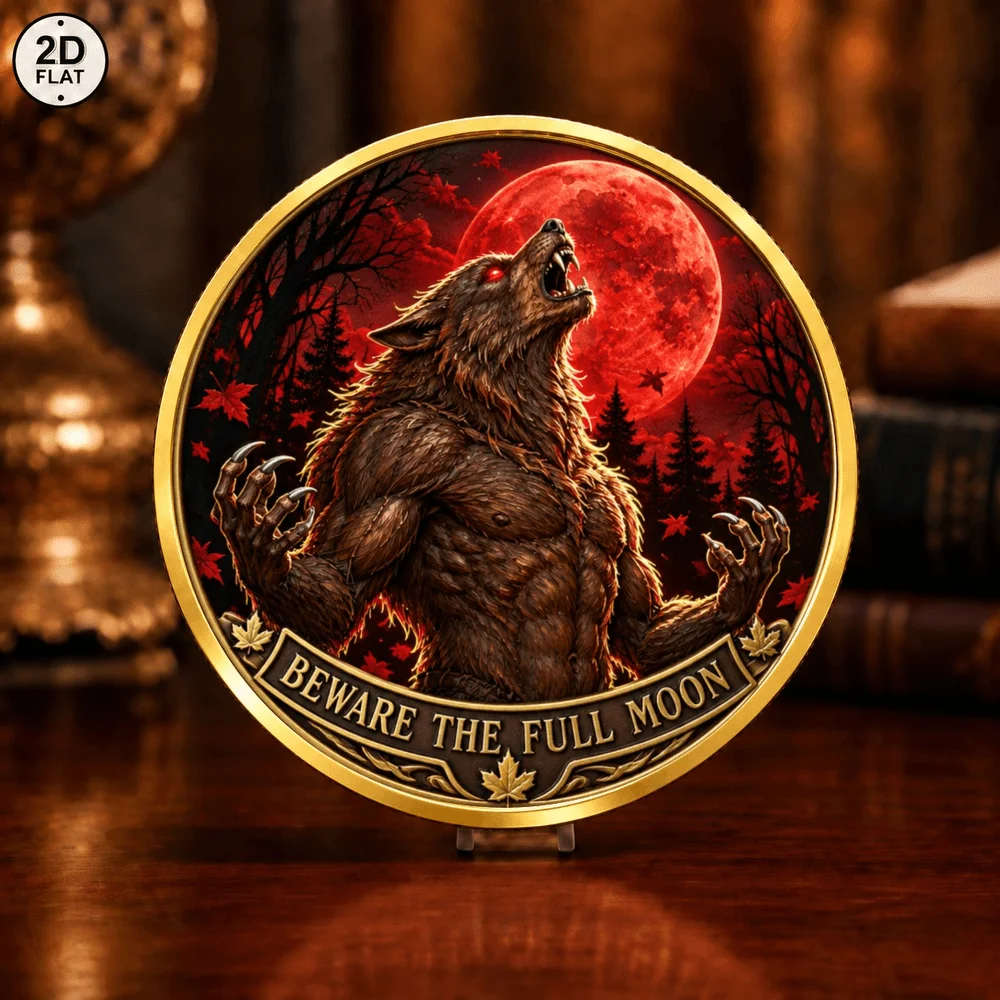 1pc Beware The Full Moon Fantasy Werewolf Coin Color Printing Metal Challenge Coin Gothic Souvenir Gift Desktop Ornament