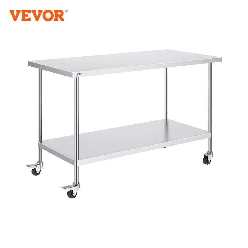 VEVOR Stainless Steel Work Table with 4 Wheels 3 Adjustable Height Levels Heavy Duty Food Prep Worktable for Kitchen Restaurant